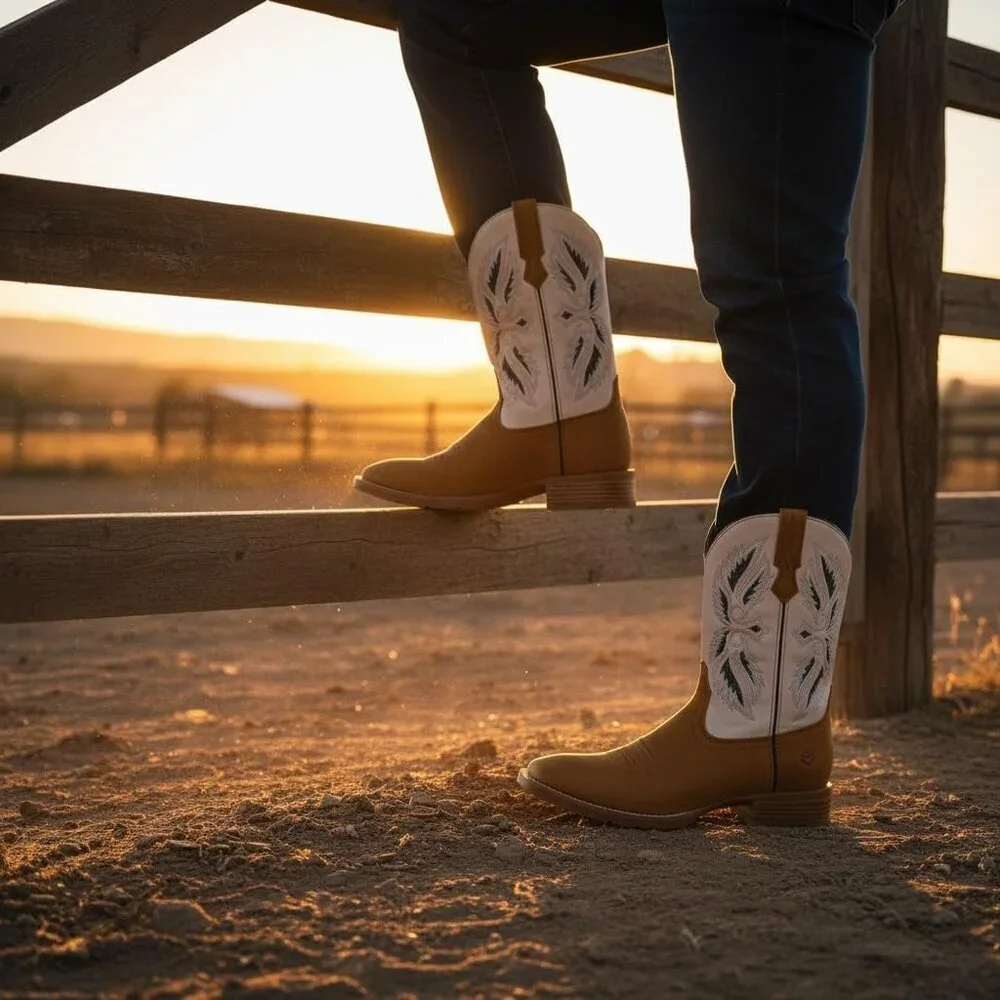 Men’s Tan White Square Toe Leather Boots Durable 10-inch Pull-on Wellington Boot